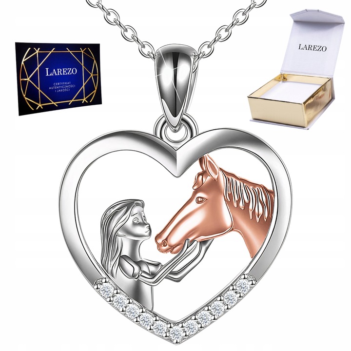 Naszyjnik Srebrny 925 Dziewczynka z Koniem Serce Koń z Cyrkoniami Konik