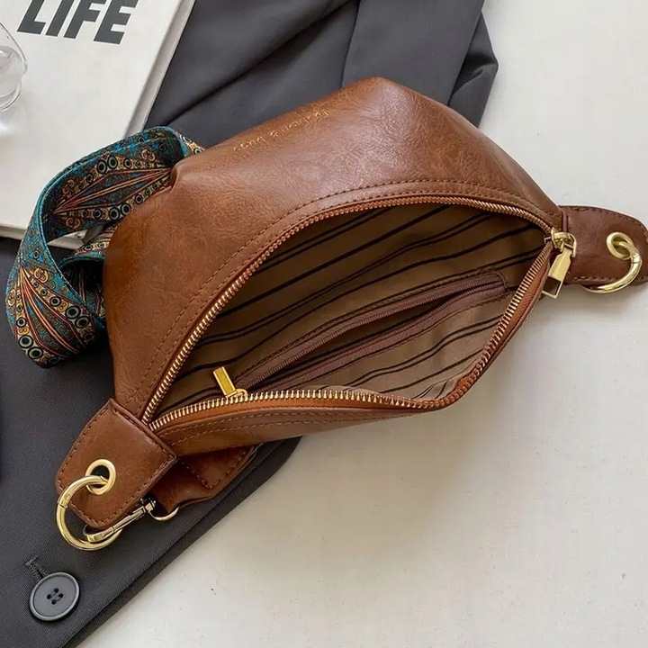 Torebka Damska Nerka BRĄZOWA Pojemna na Ramię Pasek Kolorowy Złoty Zamek