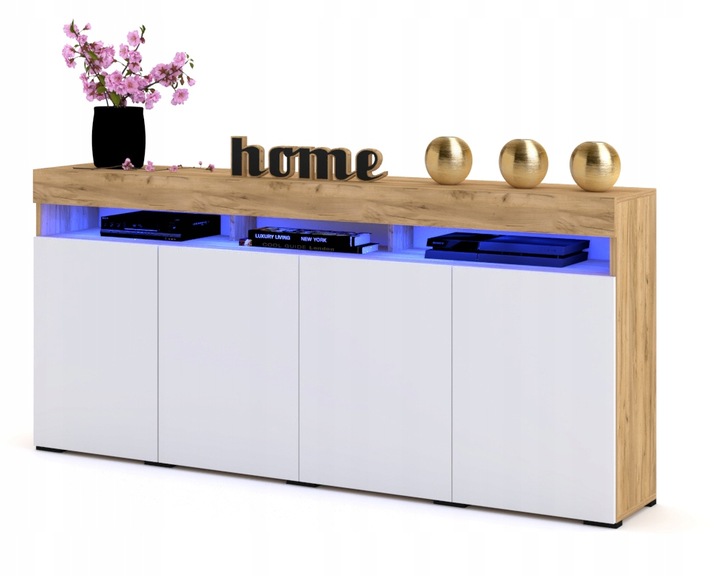 Duża Komoda LUNA 4D 180 Dąb Craft Biała LED