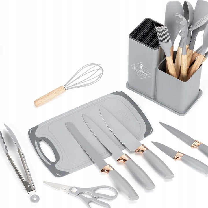 Komplet 5 Noży + Zestaw 12 przyborów kuchennych + deska do krojenia +Stojak