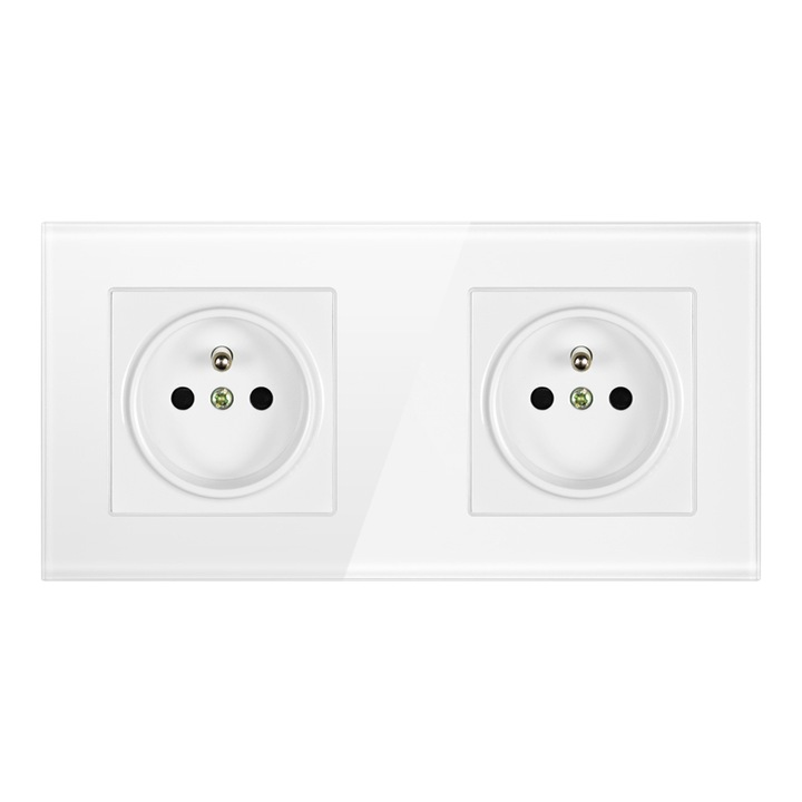 Kontakt BIAŁE GNIAZDKO ELEKTRYCZNE 2 z bolcem podwójne FI60 RAMKA SZKLANA