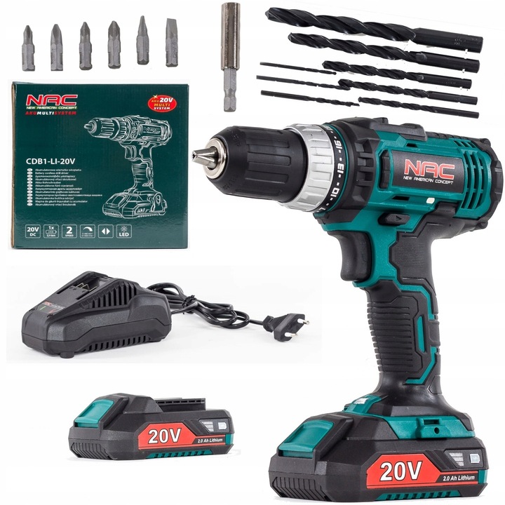 AKUMULATOROWA WIERTARKO WKRĘTARKA NAC 20V 2biegi AKU 2Ah Ładowarka + GRATIS