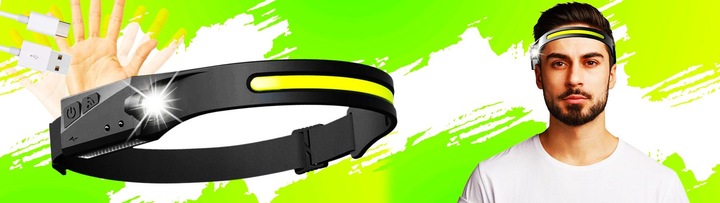 LATARKA CZOŁOWA CZOŁÓWKA LED NA GŁOWĘ LAMPKA AKUMULATOROWA COB CZUJNIK RUCH