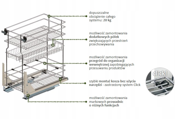 KOSZ CARGO MINI DOLNE PODBLATOWE 2 PÓŁKI 300 CICHY DOMYK WYSUW CHROM