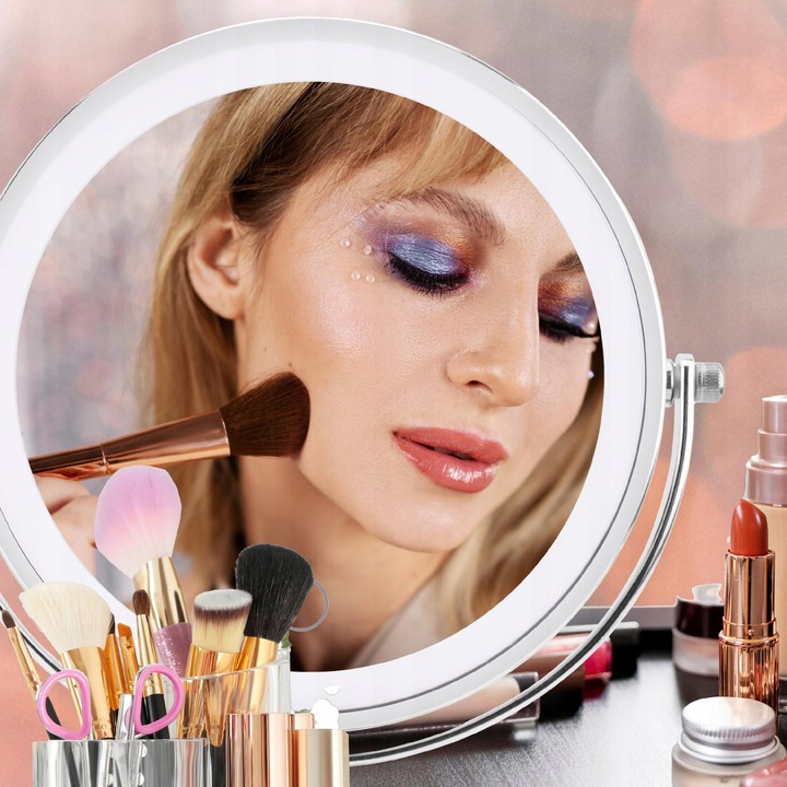 Lusterko kosmetyczne do makijażu podświetlane led obrotowe srebrne
