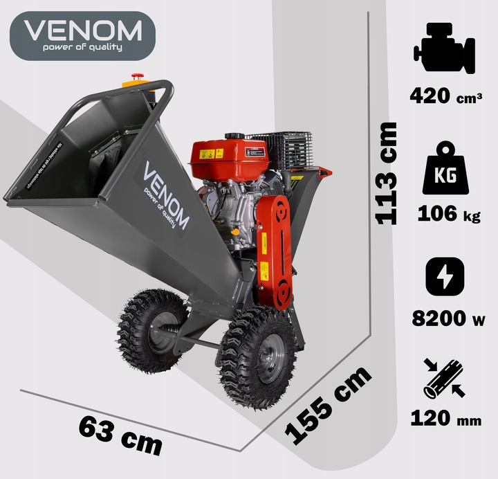POTĘŻNY ROZDRABNIACZ SPALINOWY DO GAŁĘZI 120MM MOCNY SILNIK 420CC