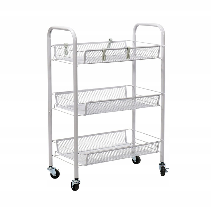 Metalowy wózek wielofunkcyjny 3-poziomowy z kółkami biały regał szafka