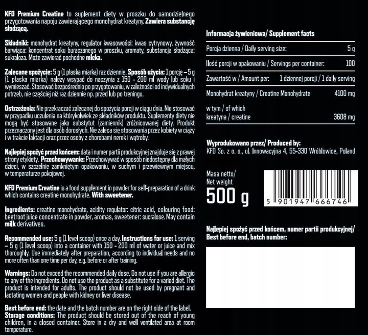 KFD PREMIUM CREATINE - 500 G KREATYNA MONOHYDRAT