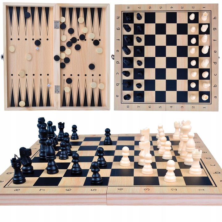 SZACHY DREWNIANE WARCABY TRYKTRAK GRA 3w1 KLASYCZNA PLANSZOWA DUŻE 34CM