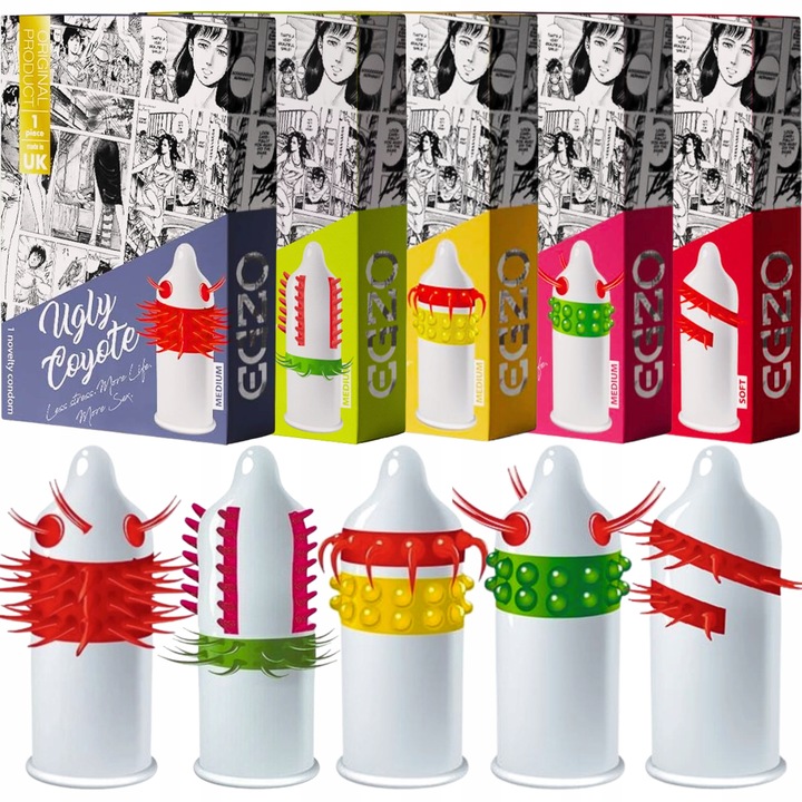 PREZERWATYWY EGZO POTĘGUJĄCE STYMULUJĄCE KOLCE WYPUSTKI WĄSY 5 SZTUK ZESTAW