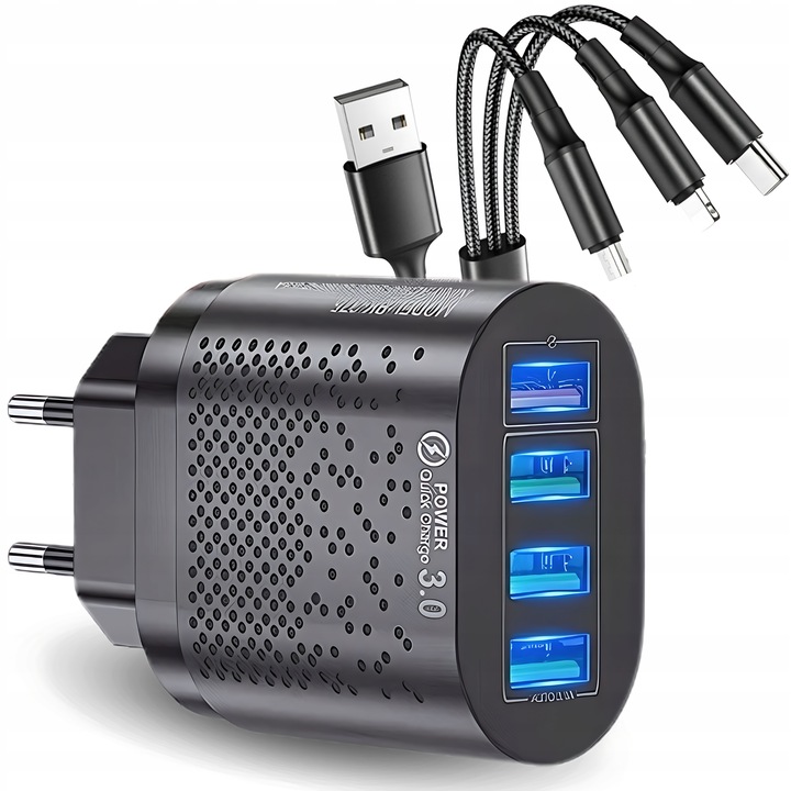 ŁADOWARKA USB C SIECIOWA DO TELEFONU MOCNA QC 3.0 48W KABEL Nylonowy 3w1