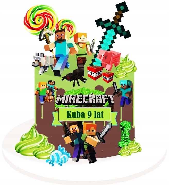 Wydruk CUKROWY masa cukrowa na tort PIKSELE zestaw POSTACI dekoracja tekst