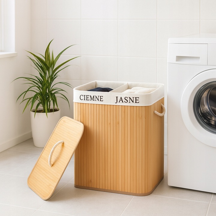 KOSZ BAMBUSOWY NA PRANIE BIELIZNĘ ZAMYKANY DWUKOMOROWY POJEMNIK WĄSKI 100L