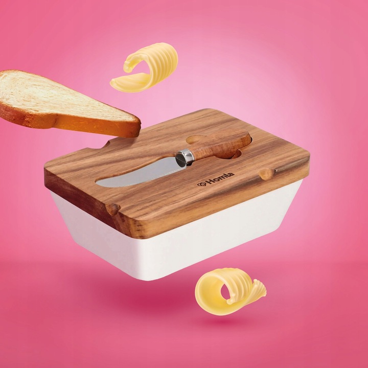 Maselniczka MOOKA porcelanowa z nożykiem i akacjową pokrywką biała