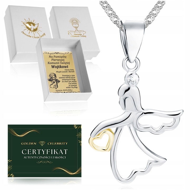 SREBRNY ŁAŃCUSZEK KOMUNIJNY I MEDALIK ANIOŁEK DLA DZIEWCZYNKI 925 + GRAWER