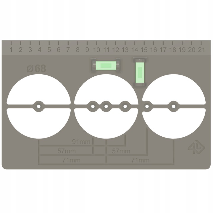SZABLON DO WYMIAROWANIA OTWORÓW PUSZEK PRĄDOWYCH Z LIBELLĄ POZIOMICĄ