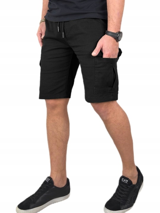 SPODENKI męskie JEANSOWE BOJÓWKI krótkie spodnie PAS z GUMKĄ Czarne r. L