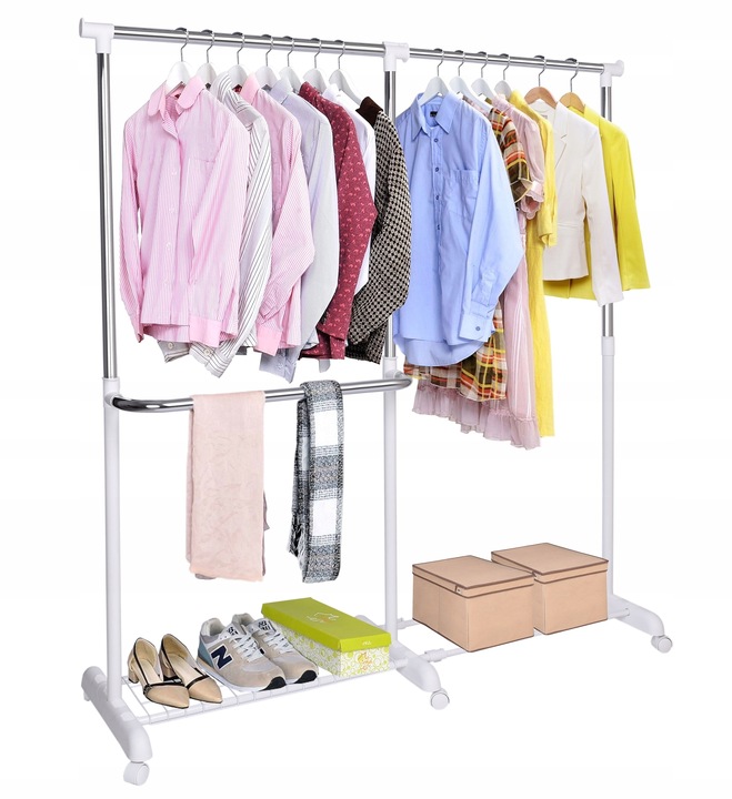 WIESZAK NA UBRANIA BUTY KÓŁKACH STOJĄCY STOJAK SKANDYNAWSKI BIAŁY