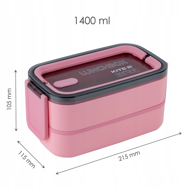 LUNCHBOX ŚNIADANIÓWKA ZE STUCĆAMI WKŁADY 2 KOMORY 1400ml RÓŻOWY KITE