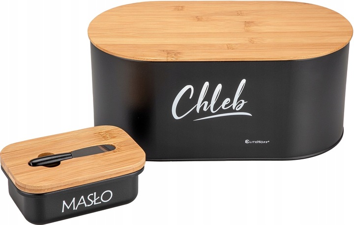 CHLEBAK BAMBUSOWY DREWNIANY CZARNY METALOWY Z MASELNICZKĄ NOŻYKIEM DO