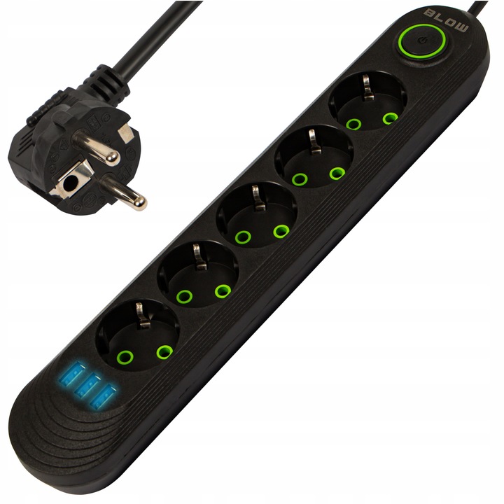 PRZEDŁUŻACZ LISTWA ZASILAJĄCA WŁĄCZNIK 3x USB 5 GNIAZD 5m UZIEMIENIE