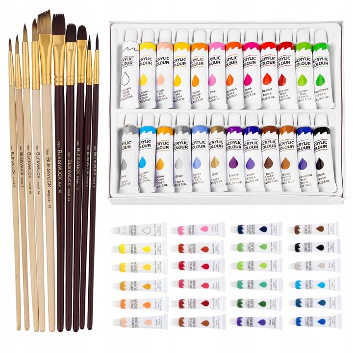 FARBY AKRYLOWE Zestaw Farb Akrylowych 24x12 ml Pędzle Malarskie 10szt