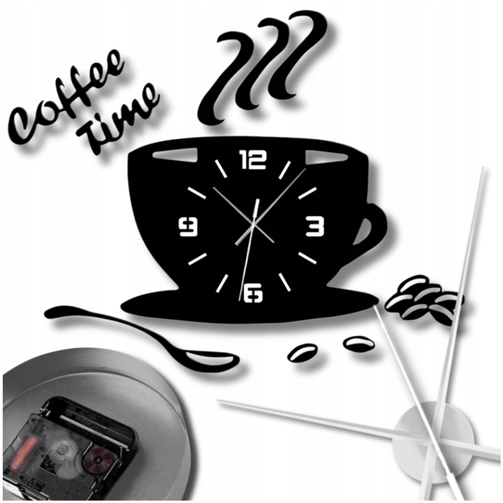 Zegar ścienny kuchenny filiżanka kawy do kuchni kawiarni czarny efekt 3D
