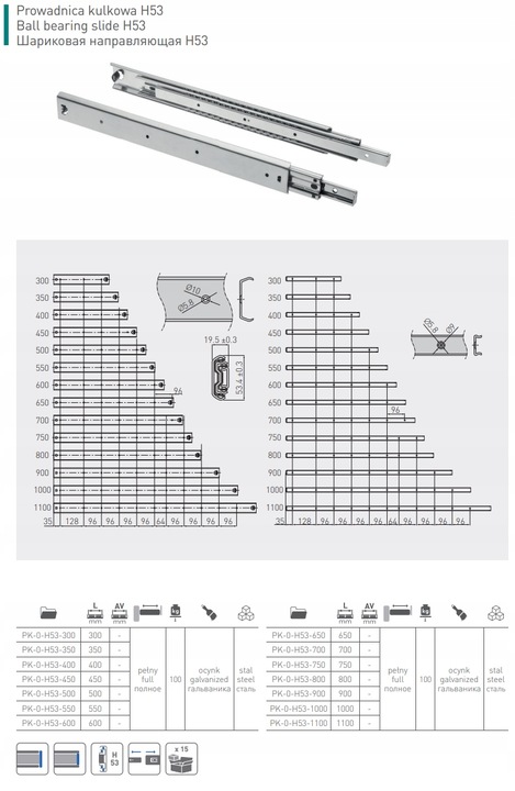 PROWADNICA KULKOWA GTV DO SZUFLADY H53 L500 100KG PEŁNY WYSUW MOCNA