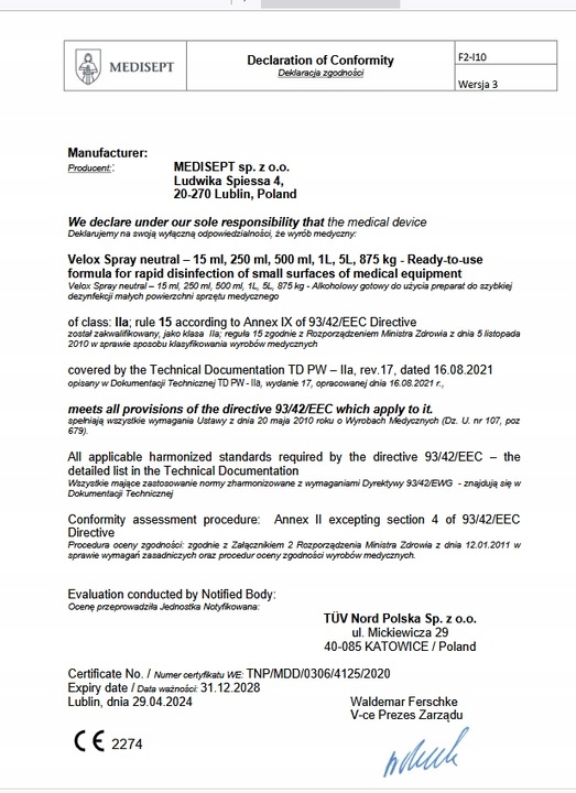 VELOX SPRAY 1L DEZYNFEKCJA POWIERZCHNI