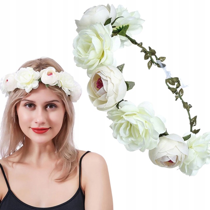 OPASKA WIANEK NA GŁOWĘ BOHO DRUCIK BIAŁE KWIATY PANIEŃSKI ŚLUBNY KOMUNIA