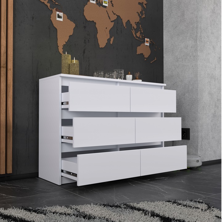 KOMODA BIAŁA z 6 SZUFLADAMI 100 CM POJEMNA NOWOCZESNA SZAFKA DO SALONU