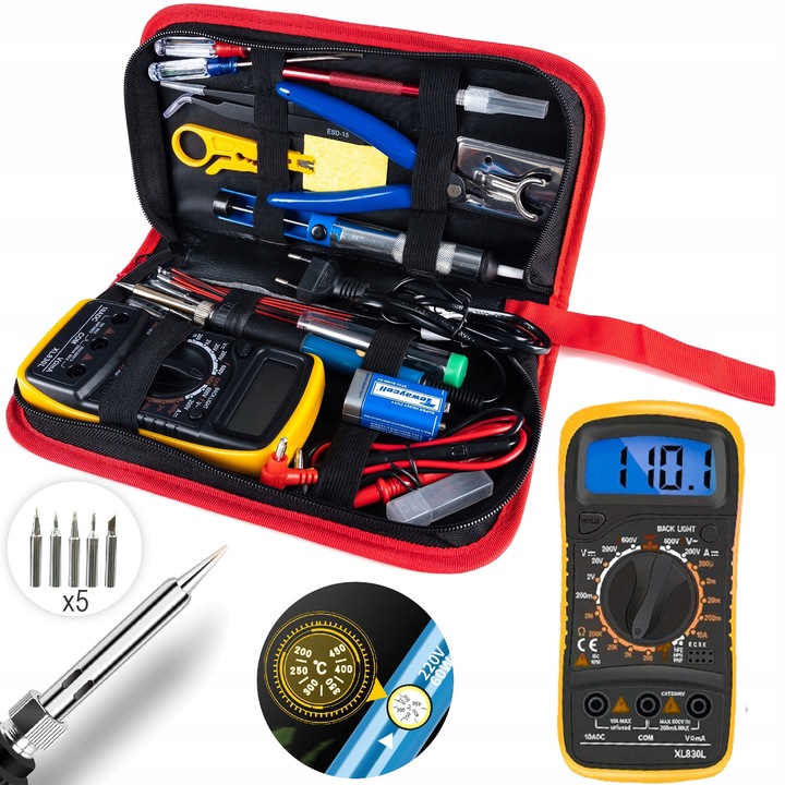 Lutownica ZESTAW NARZĘDZI DO LUTOWANIA 40 ELEMENTÓW MULTIMETR 6 GROTÓW CYNA