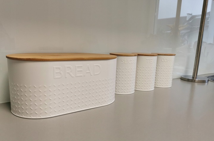 ZESTAW 5W1 CHLEBAK + POJEMNIKI NA KAWĘ CUKIER HERBATĘ DESKA KROJENIA CHZ03