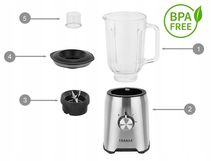 BLENDER KIELICHOWY SZKLANY do owoców i warzyw Kruszy Lód TRANSA 1600W