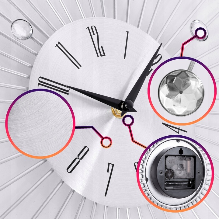 ZEGAR ŚCIENNY KRYSZTAŁKI SREBRNY SŁOŃCE DUŻY STYLOWY NA ŚCIANĘ CRISTAL 50cm