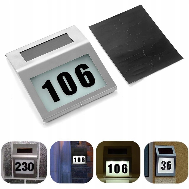 PODŚWIETLANY NUMER DOMU TABLICZKA LAMPA LED SOLARNA CZUJNIK STAL