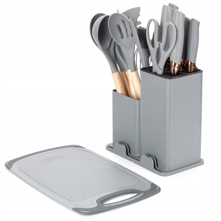 Komplet 5 Noży + Zestaw 12 przyborów kuchennych + deska do krojenia +Stojak