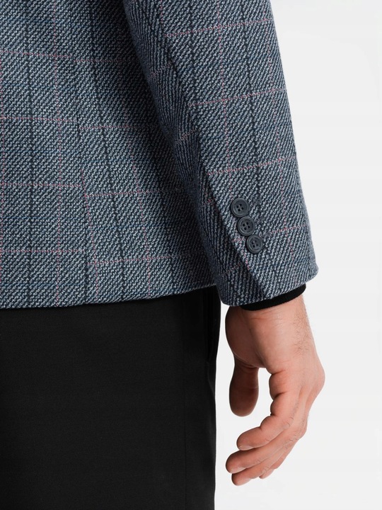 Żakardowa marynarka męska w delikatną kratę grafitowa V1 OM-BLZB-0119 L