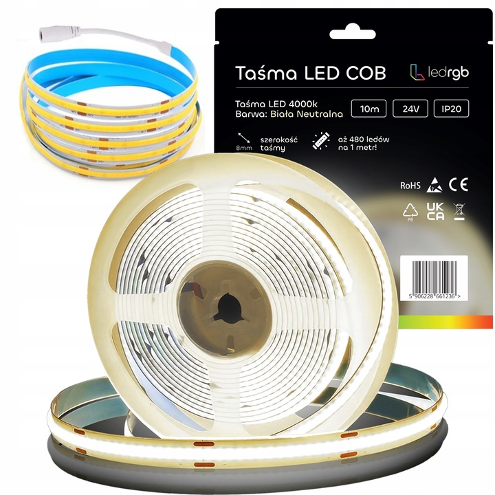 Taśma LED Neon COB 24V rolka 10m 480/m 4000K BIAŁA NEUTRALNA 10Wm 8MM