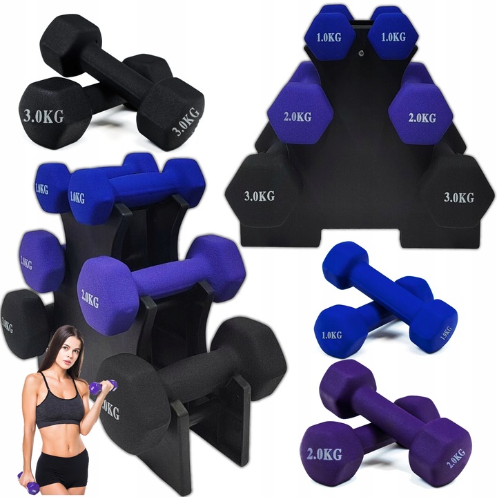 Zestaw hantli do ćwiczeń hantle hantelki ciężarki fitness stojak 1/2/3KG 12