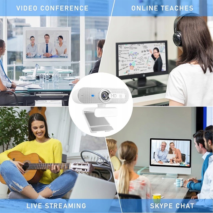 KAMERA INTERNETOWA KOMPUTEROWA ASHU USB 1080P SREBRNA AUTOFOKUS MIKROFON