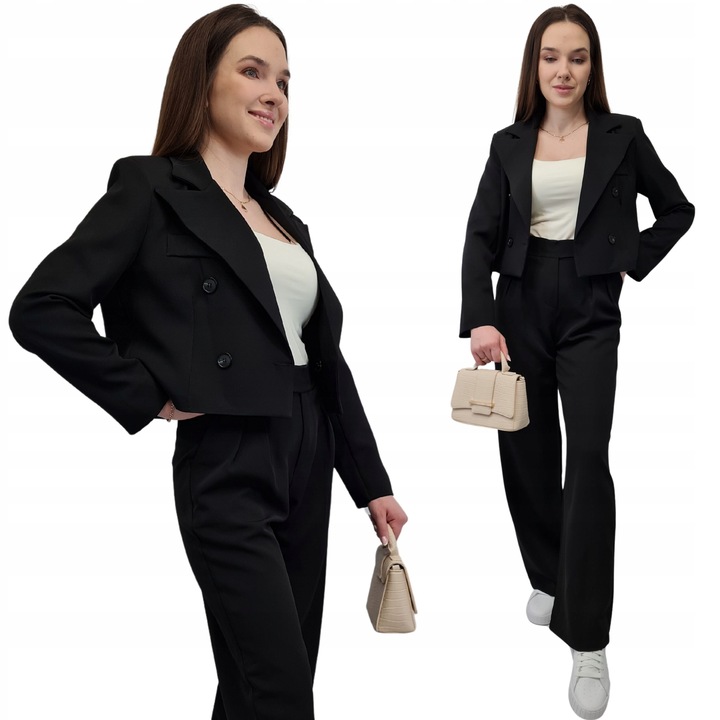 Modna MARYNARKA KRÓTKA Czarna, Nowoczesny Żakiet Damski do Garnituru, r. M