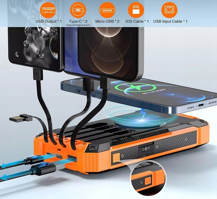 POWERBANK ŁADOWARKA PANEL SOLARNY INDUKCYJNY 30000mAh 6xUSB LATARKA 2x LED