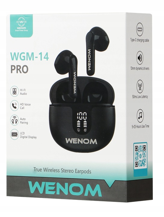 SŁUCHAWKI BEZPRZEWODOWE DOUSZNE WENOM WGM 14-PRO ANC 2 MIKROFONY LED EKRAN