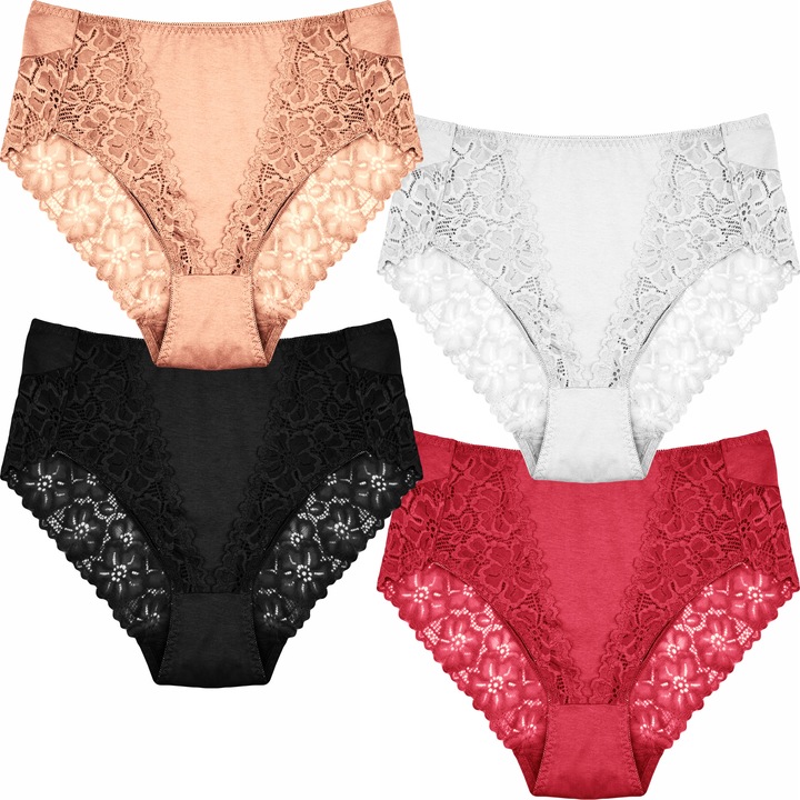 Majtki Damskie Bawełniane Koronkowe Wysoki Stan Wygodne Kobiece 4-PAK XXL