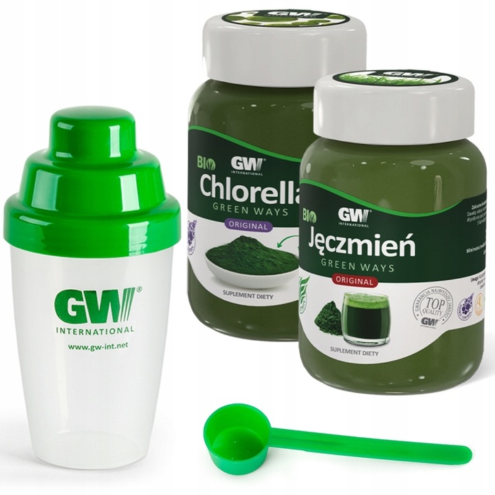 Green Ways 100%BIO CHLORELLA + SOK Z ZIELONEGO JĘCZMIENIA + SHAKER + MIARKA