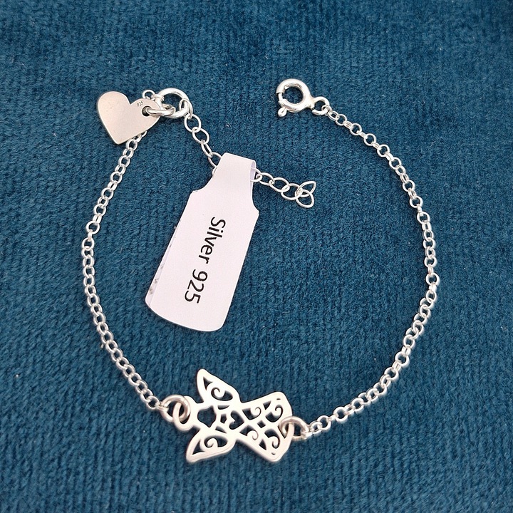 BRANSOLETKA SREBRNA ANIOŁEK AŻUROWY I SERCE SREBRO 925 GRAWER