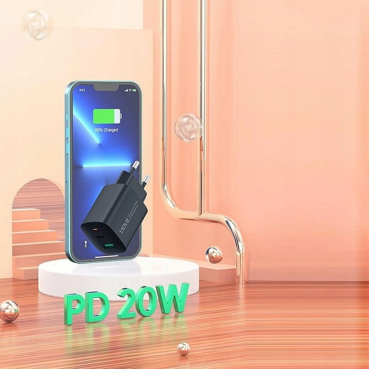 SZYBKA ŁADOWARKA SIECIOWA DO TELEFONU 2xUSB USB-C 20W PD QC 3.0 KABEL TYP C