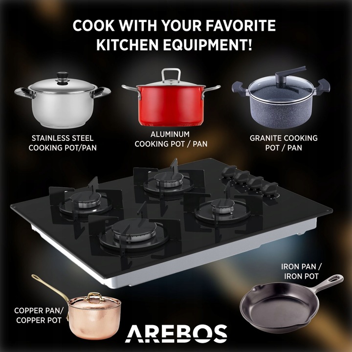 Arebos - Płyta gazowa | Szkło | Kuchenka 4 palnikowa