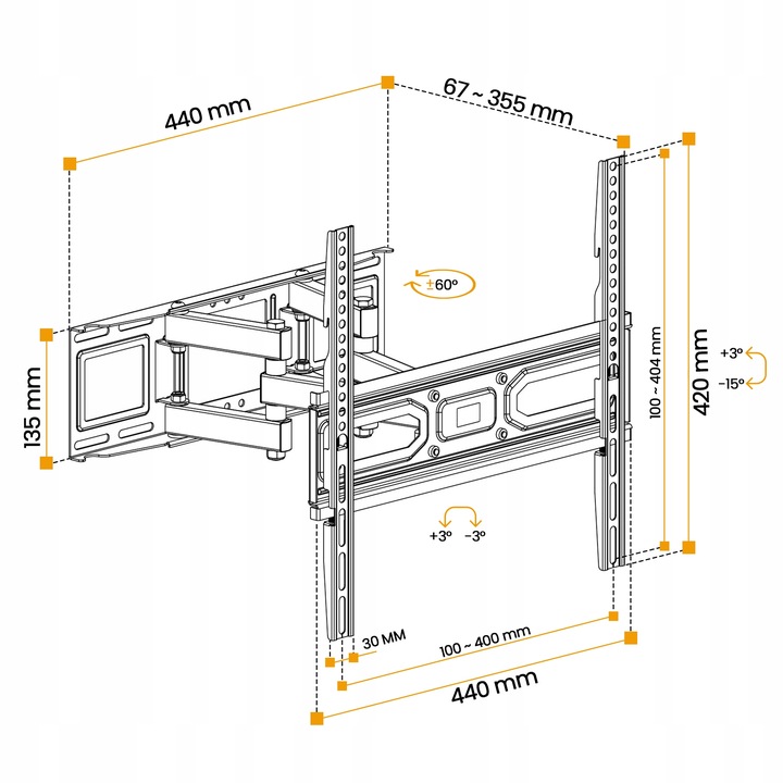 UCHWYT TELEWIZORA WIESZAK TV 32-70'' OBROTOWY RUCHOMY ŚCIENNY UNIWERSALN 0F